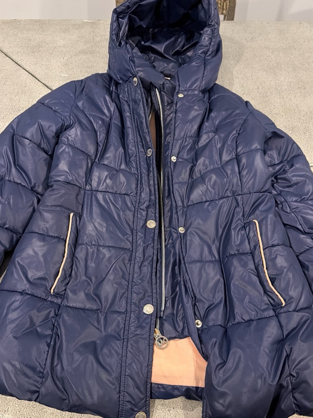 Michael Kors Navy Quilted Hooded Puffer with Pink Trim